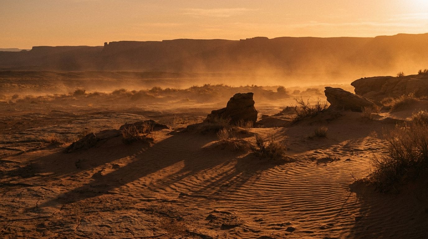 Arid plateau at last light — the operational environment described in the article on long-duration desert ISR
