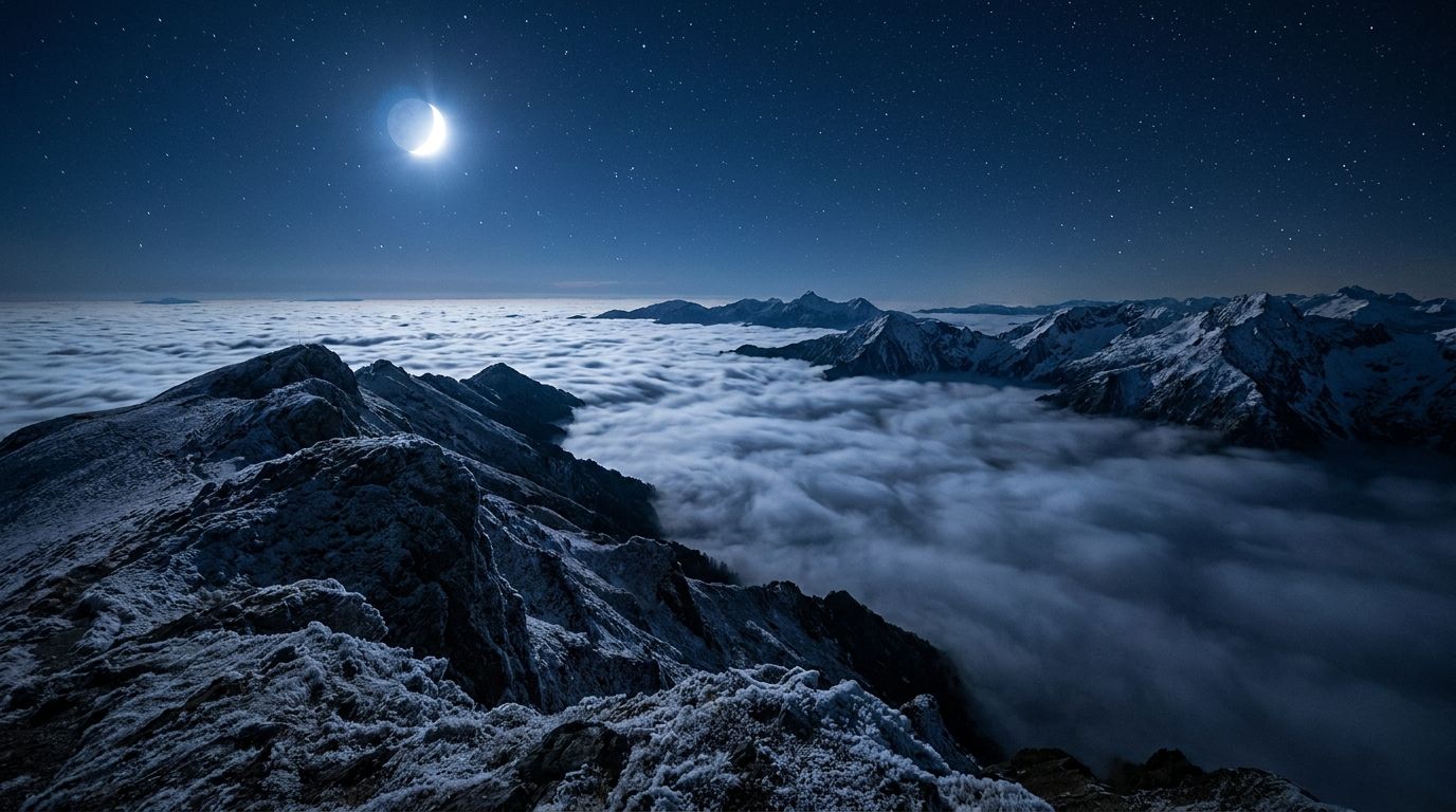 Moonlit ridgeline with a valley cloud inversion — the environment discussed in the article on GPS-denied night ISR