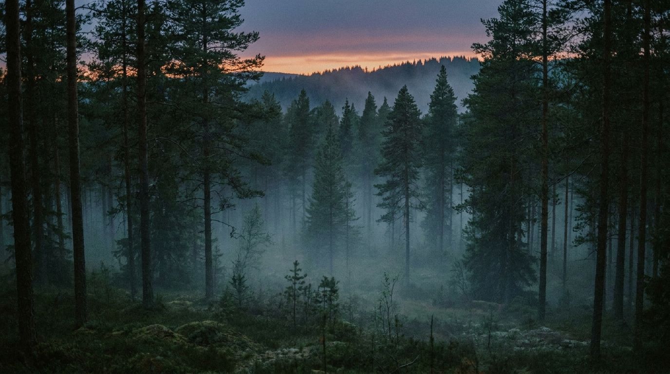 Twilight pine forest with low mist — the operational environment described in the article on low-signature drone operations