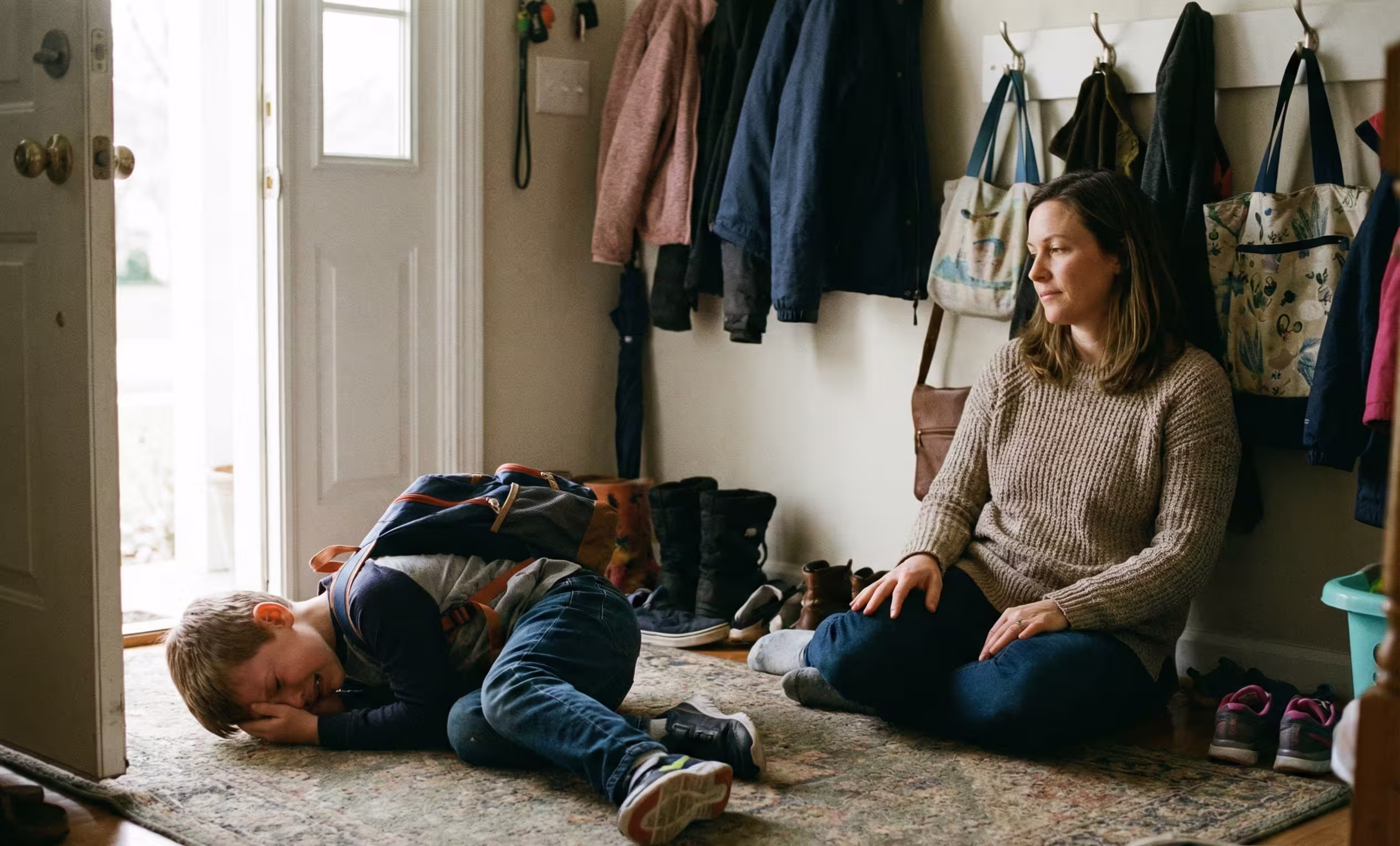 A mother patiently sits on the floor with her child who is experiencing an after-school meltdown, or restraint collapse, in their home entryway, illustrating the need for a decompression routine.