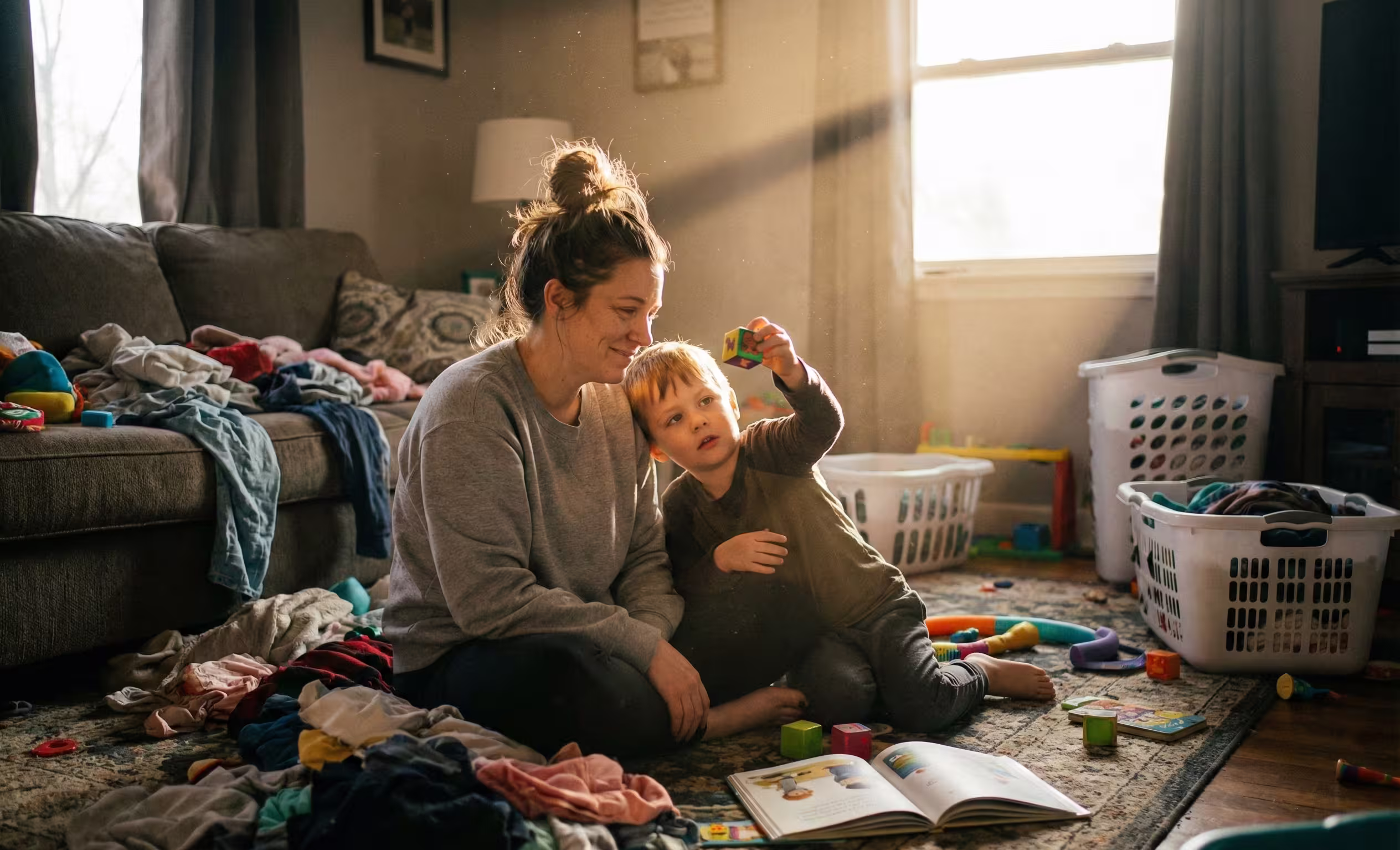 A candid photograph of an exhausted mother sitting amidst laundry and toys, sharing a tender, smiling moment with her neurodiverse child in a sunbeam, representing finding a 'glimmer' of joy in the chaos.