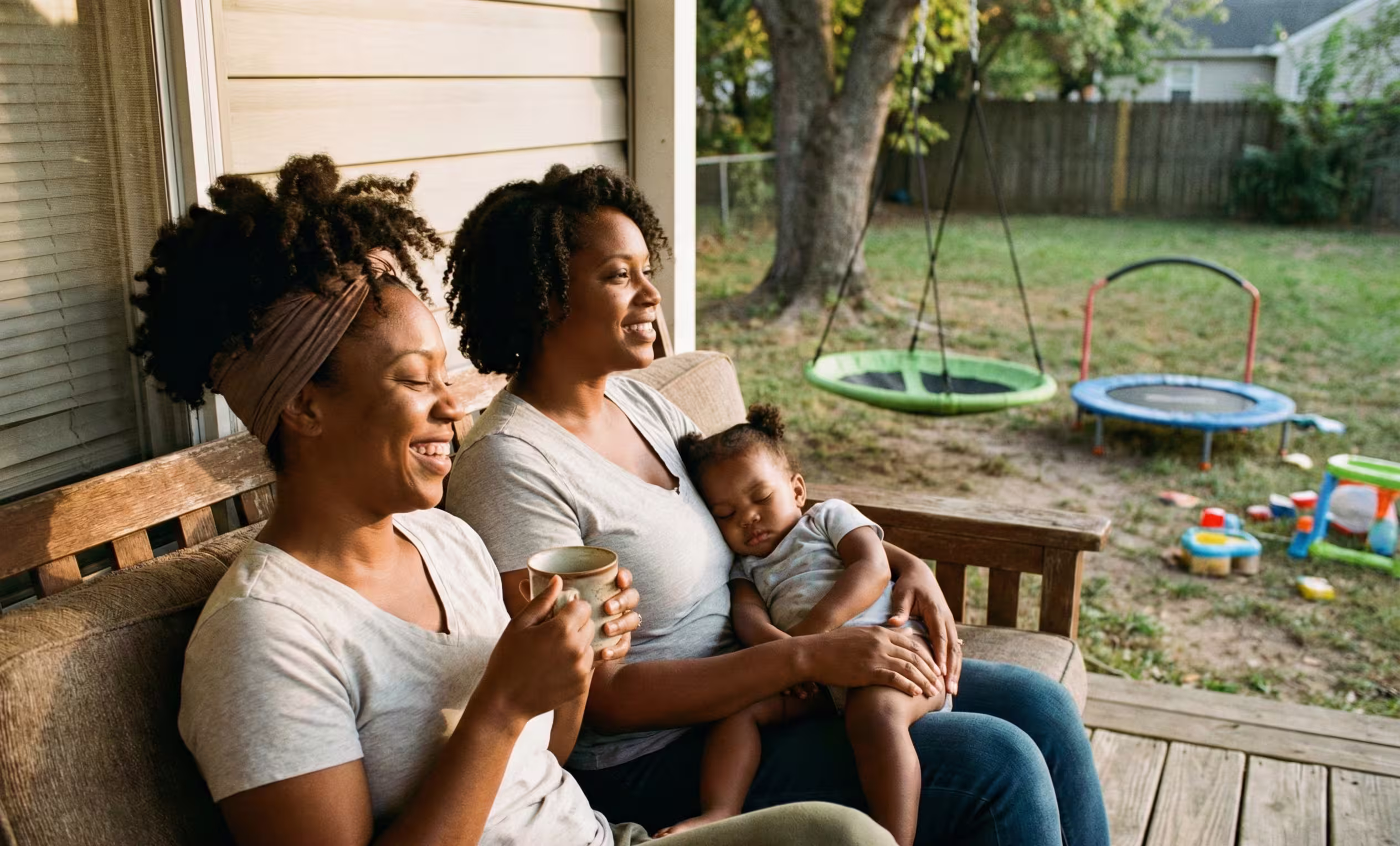 Two mothers share a moment of comfortable, understanding silence on a porch, surrounded by a neurodiverse-friendly backyard with a sensory swing, illustrating the concept of finding a supportive community.