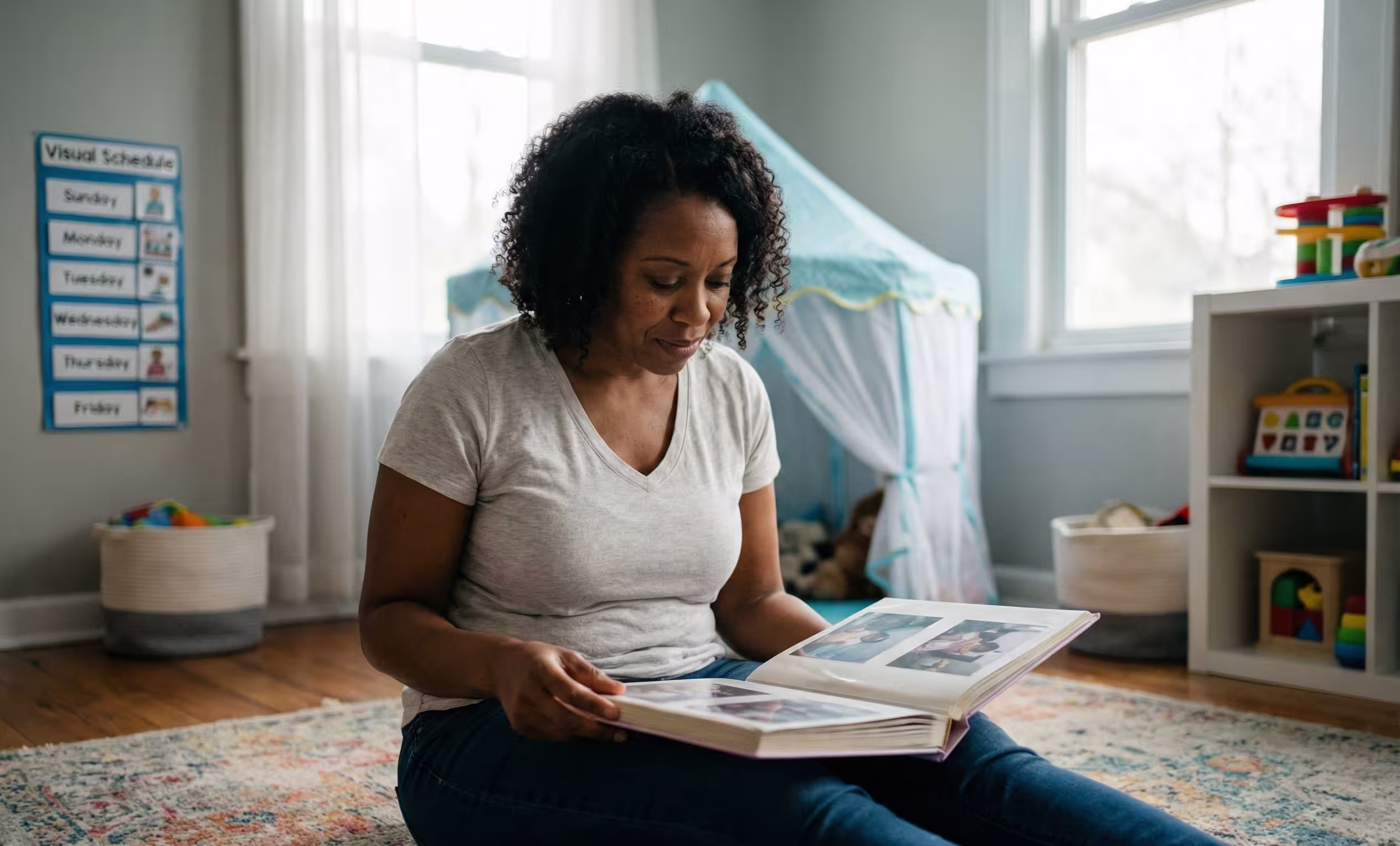 A mother sits on the floor of a child's room filled with sensory toys, looking through a photo album with a tender, bittersweet expression, illustrating the complex grief and love of parenting a special needs child.