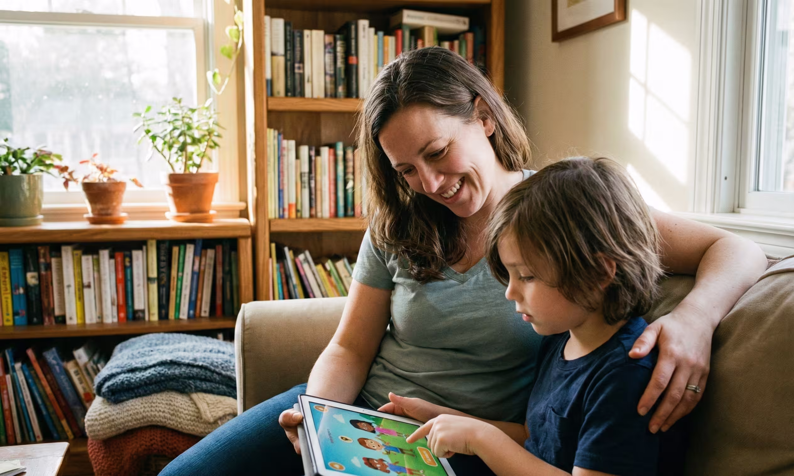 A mother and her neurodiverse child sitting on a couch, smiling and engaged together while using an educational learning app on a tablet, representing positive screen time.