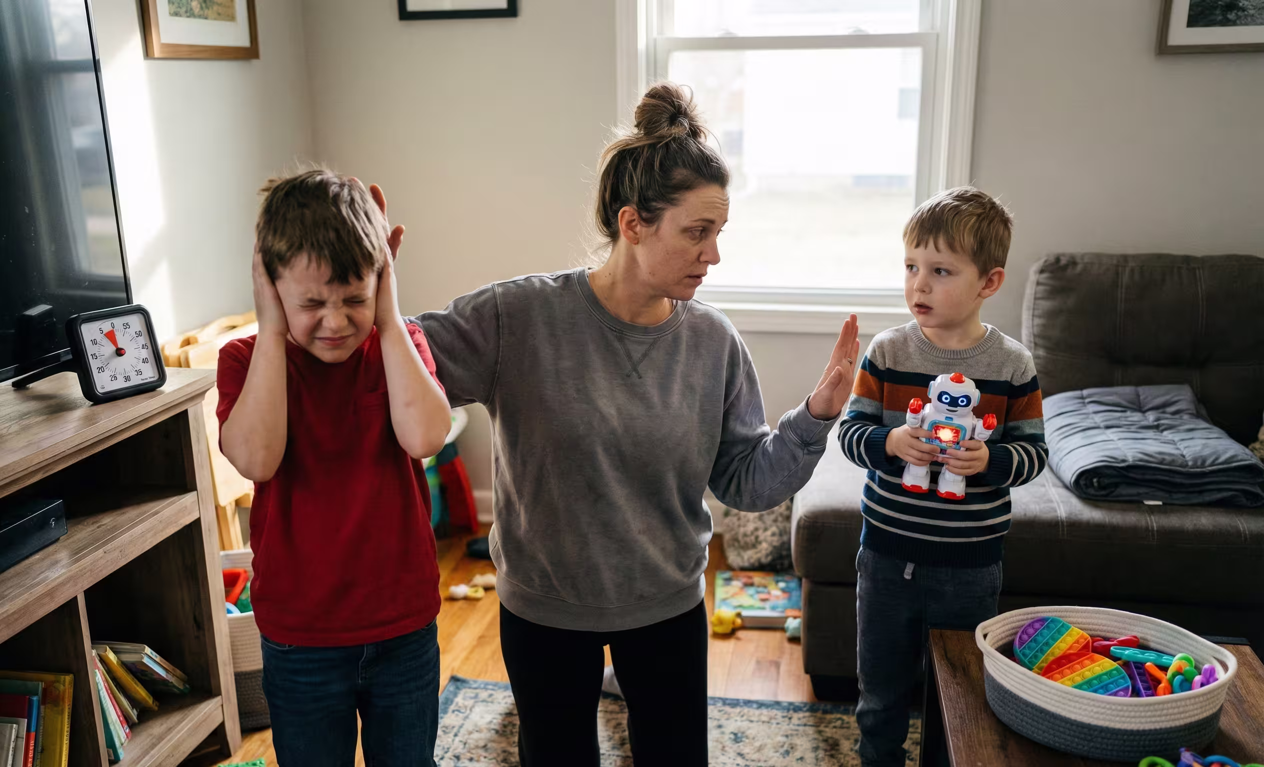 A mother intervenes in a high-stress conflict between two neurodiverse siblings in a cluttered living room; one child is overwhelmed by sensory input while the other holds a noisy toy, illustrating the unique challenges of sibling rivalry in neurodiverse homes.