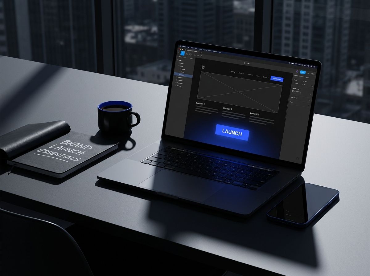 A laptop displaying website design software, surrounded by a notepad, coffee cup, and smartphone.
