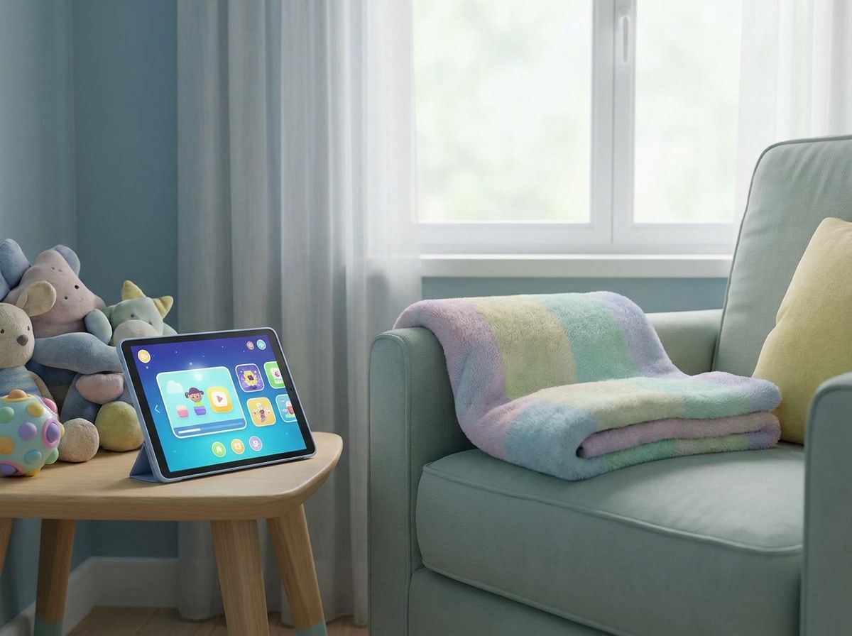 A soft blanket, a quiet corner, and a tablet on a low stool