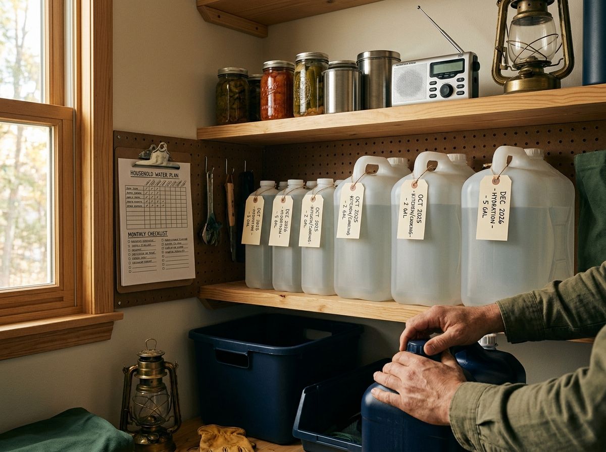 Water jugs lined up with measuring marks