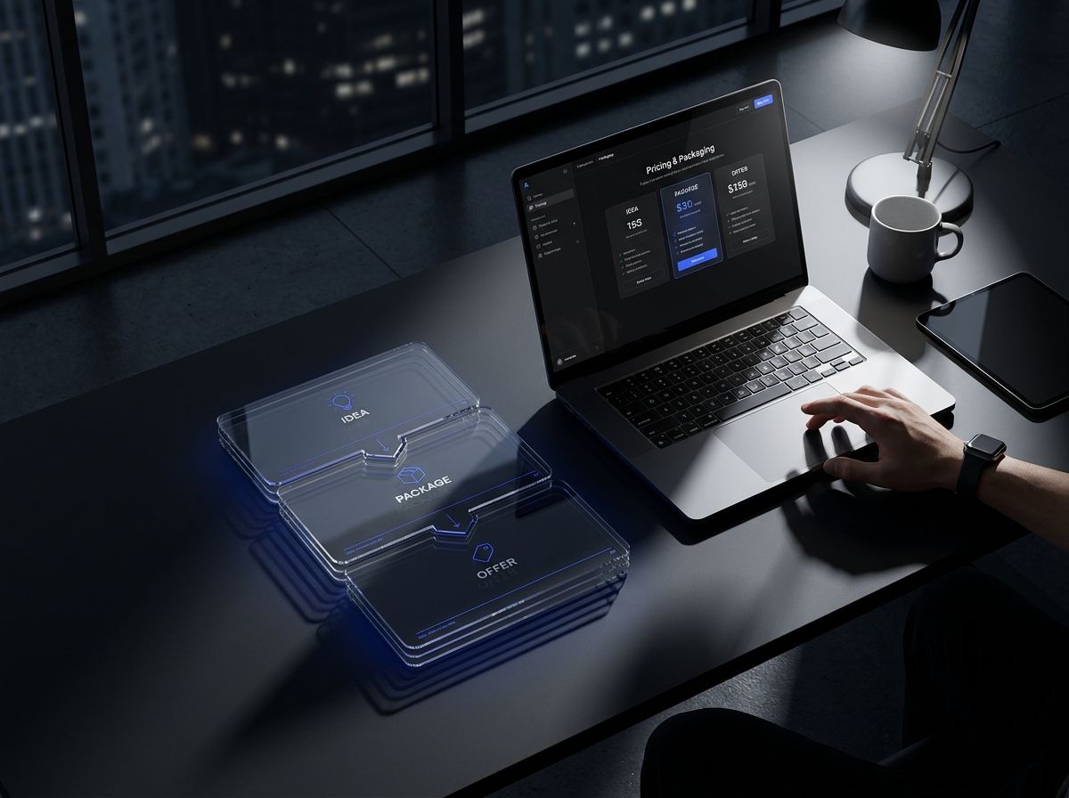 A stack of printed templates next to a laptop, representing packaging outputs