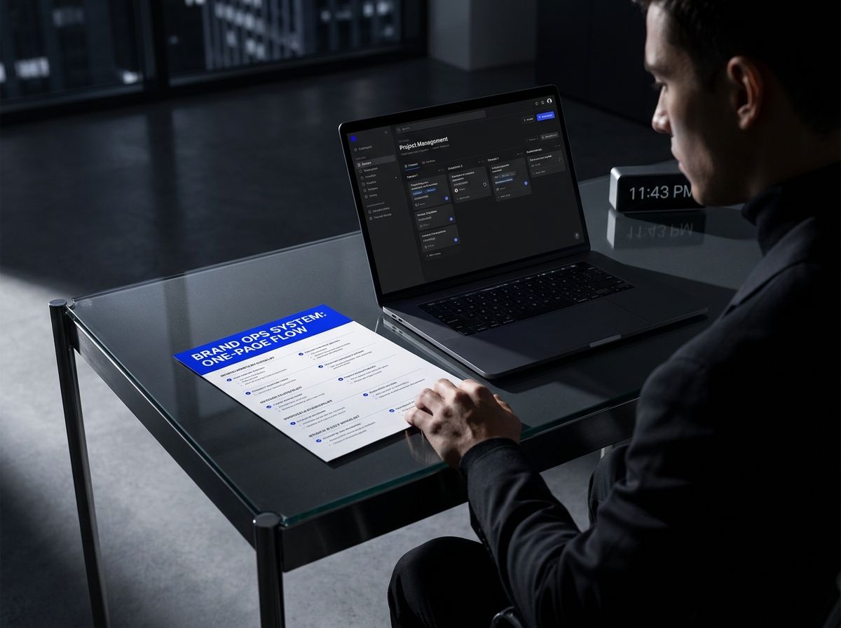 A single page workflow checklist posted next to a laptop shows where each brand's next move lives