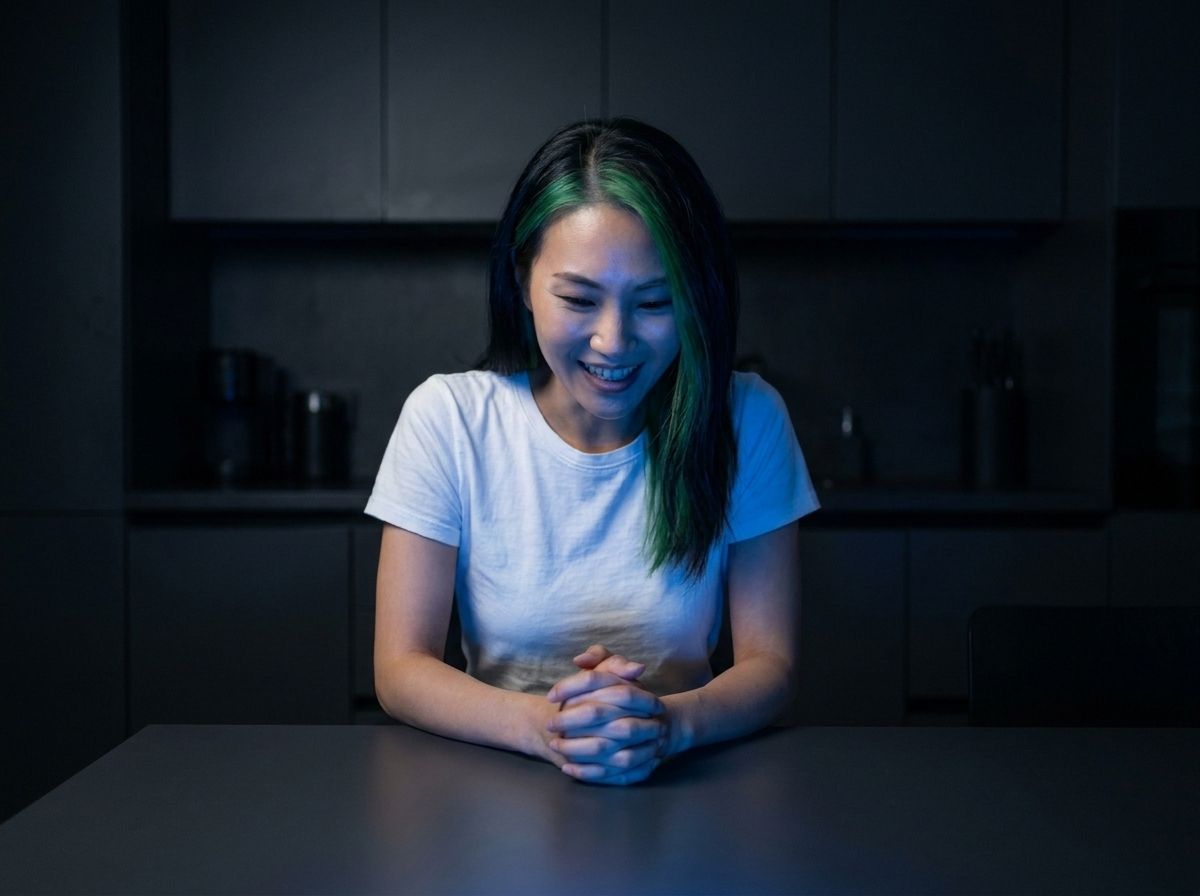 Elena checks a new order on her laptop at a kitchen table late at night