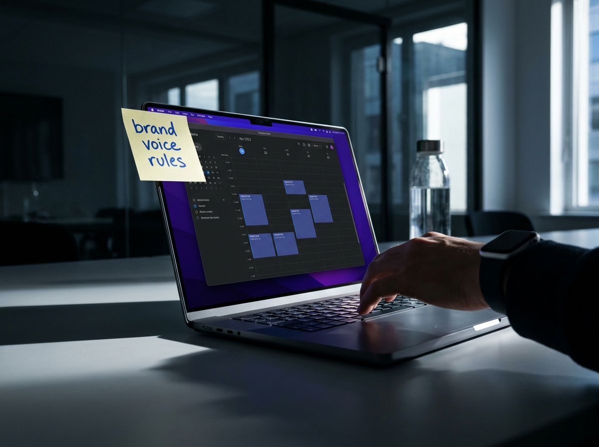 A sticky note on a laptop with "brand voice rules" and a calendar grid, representing a workflow that keeps multiple brands consistent