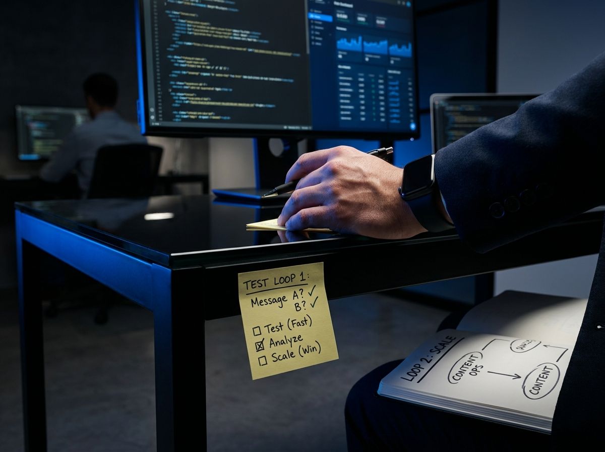 A sticky note with three message prompts and a small checklist for testing, representing a low-effort content testing system you can run from your desk