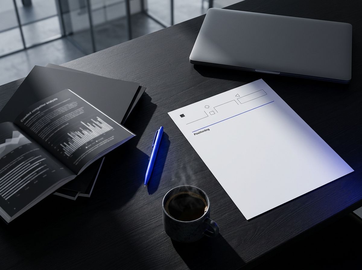A crowded competitor spreadsheet beside a blank positioning worksheet and a coffee cup
