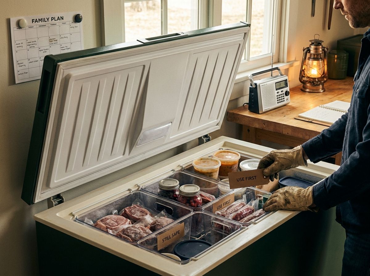 A freezer shelf organized into bins for still safe, use first, and toss decisions after a power outage