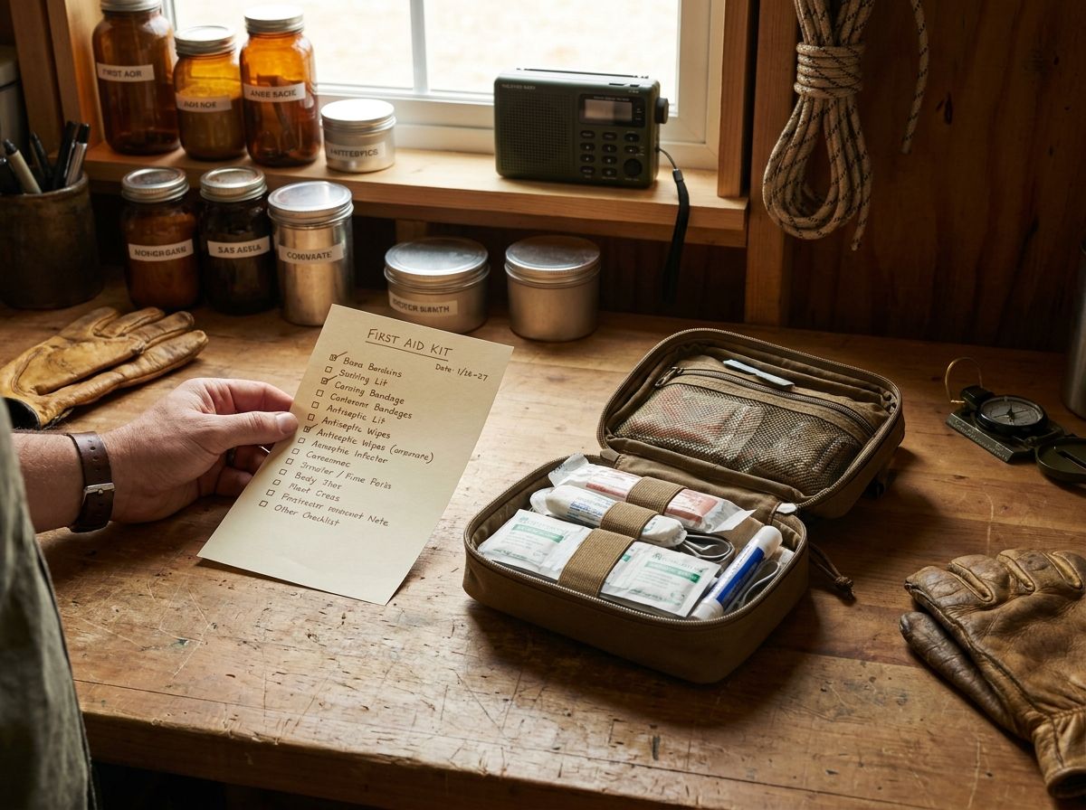 First aid kit inventory labels and dated reorder notes on a kitchen counter