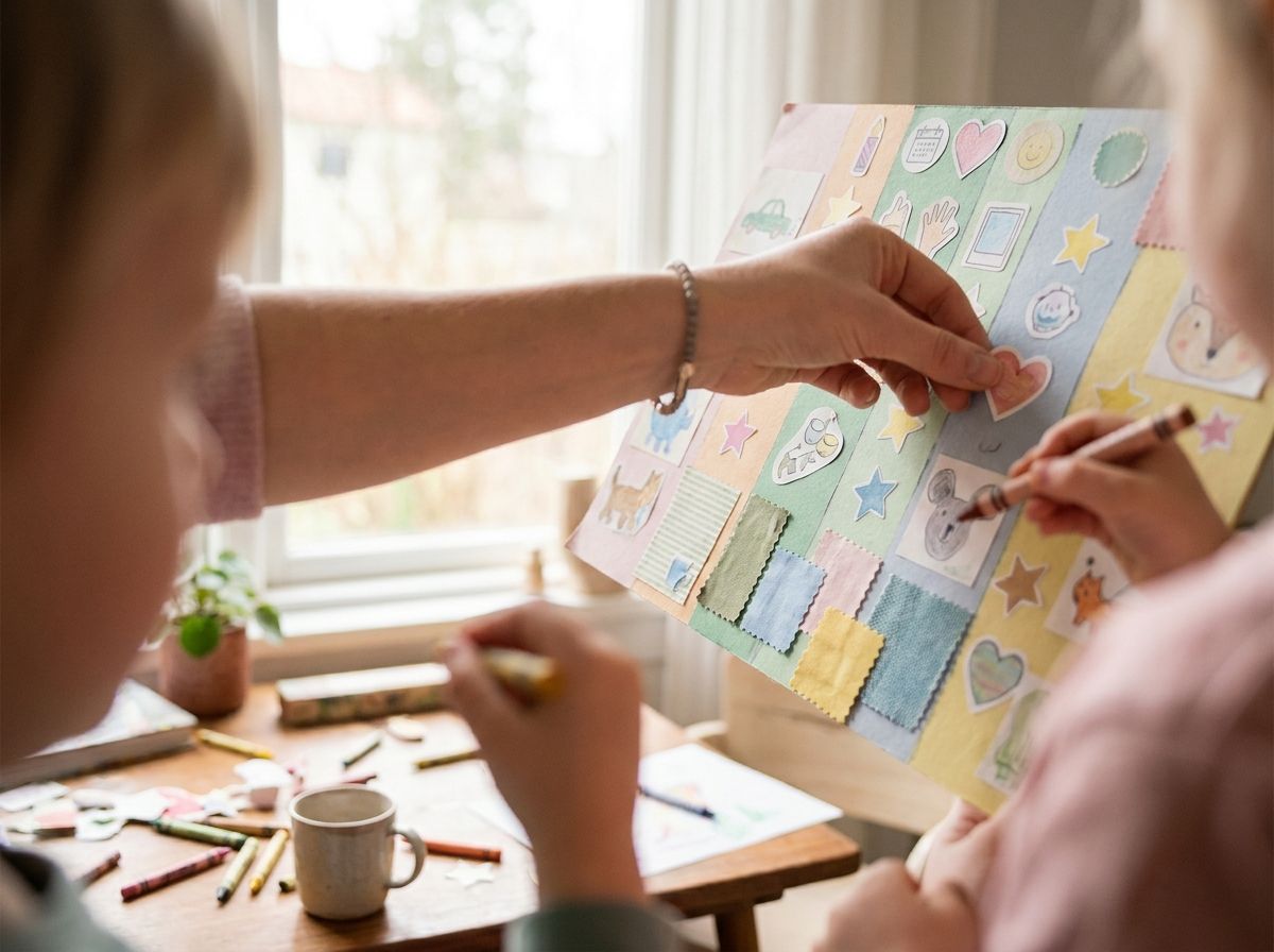 A colorful milestone chart filled with stickers and drawings
