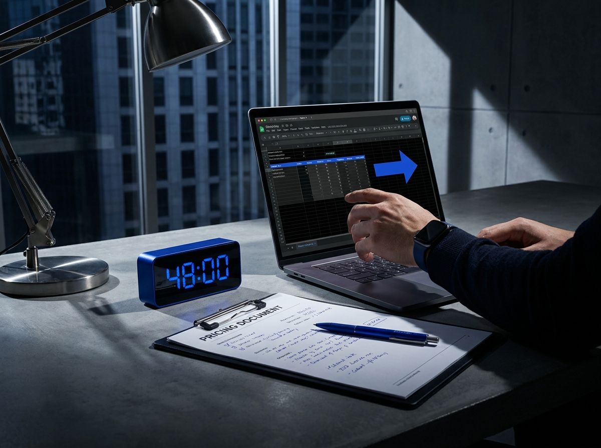 A kitchen timer, a laptop with a pricing doc, and a sticky note that says "answer the friend"