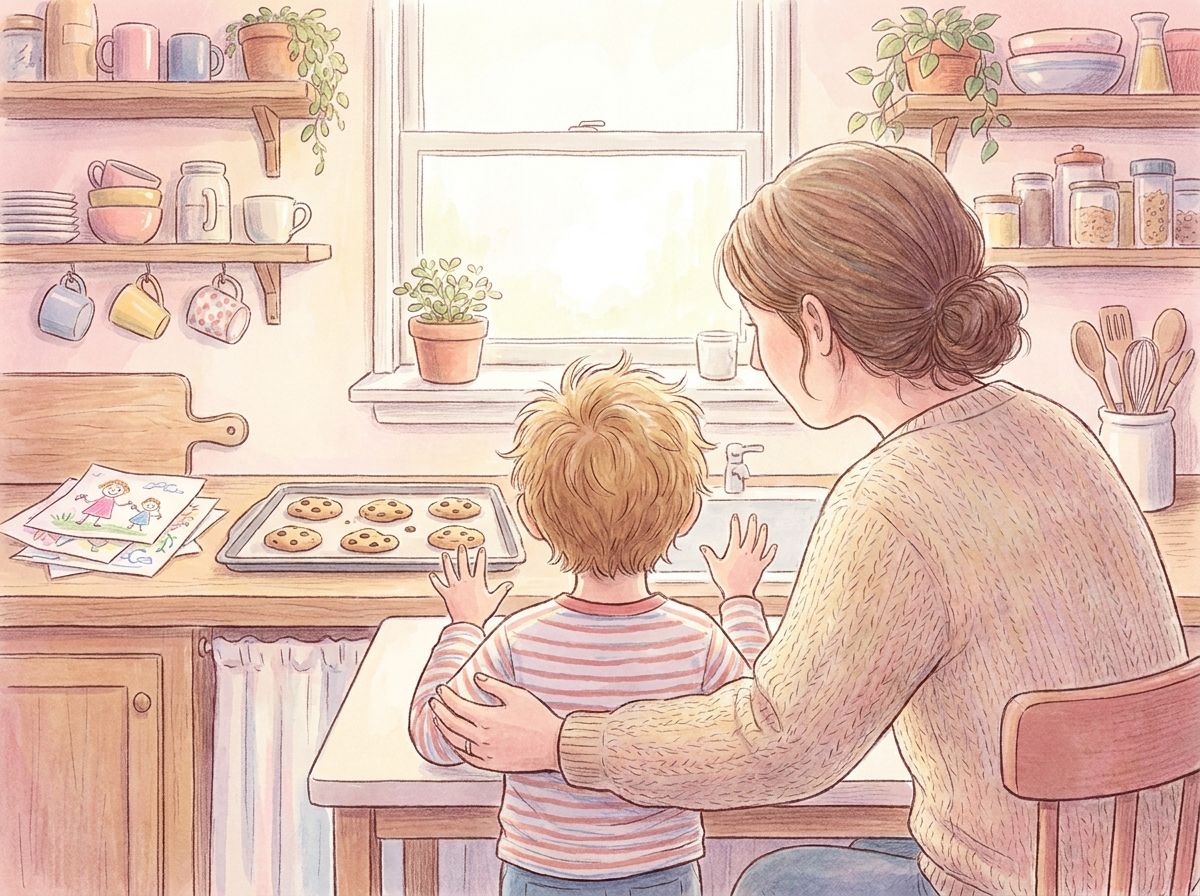 A cozy kitchen scene filled with the smell of cookies and a child excitedly sharing stories
