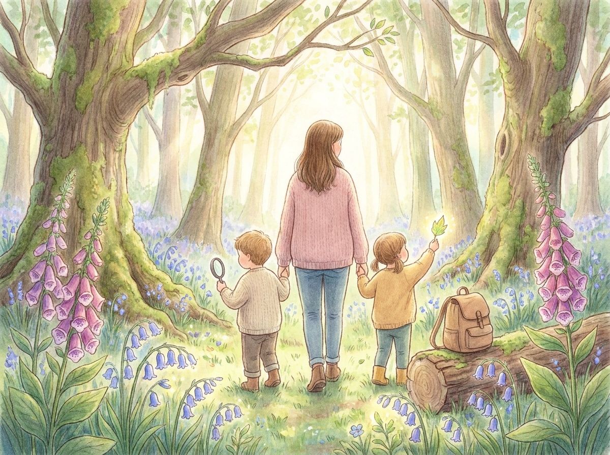 A serene moment in an enchanted forest, filled with vibrant flowers and towering trees