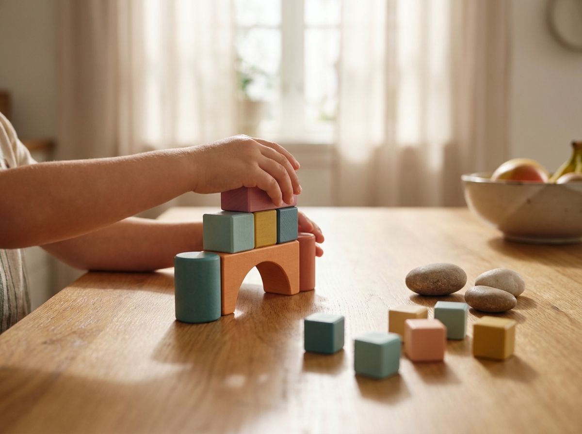A child stacking colorful wooden blocks into a small bridge.