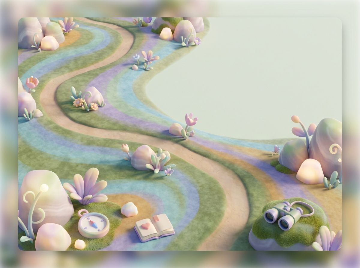 A rainbow plain with soft paths and gentle colors, a cue to slow down and help feelings lead to steadier choices