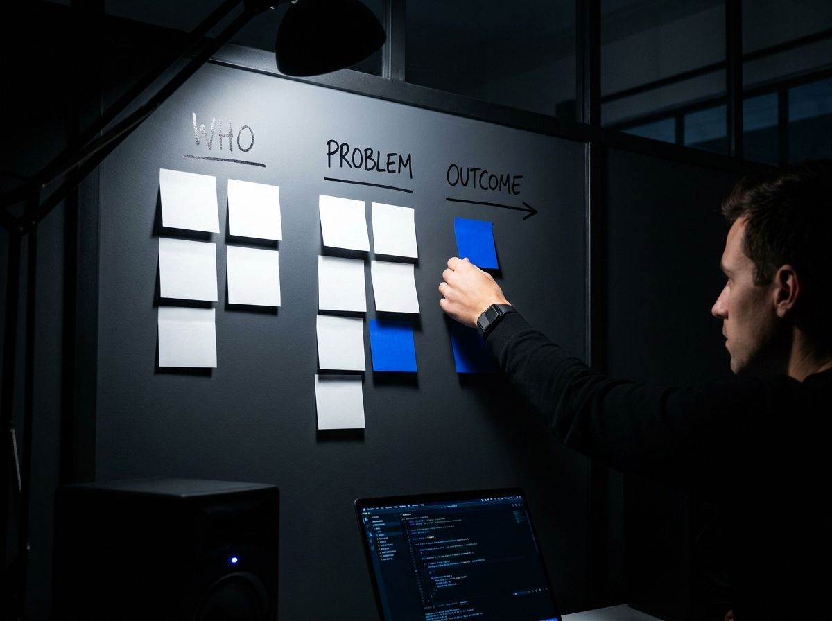 A sticky note wall with "who, problem, outcome" scribbled on it, plus a half-erased landing page printout