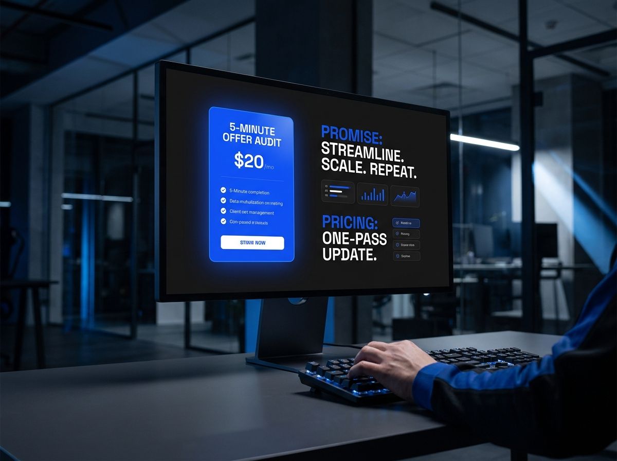 A monitor with a pricing card and promise text layout, representing the one-pass update you publish before changing anything else