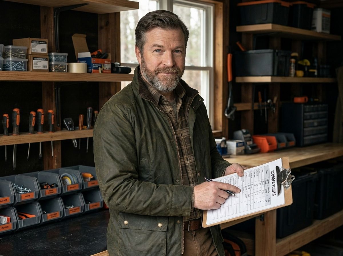 Sam Wills, the inventory-minded prepper, checks a labeled bin and writes a reorder point on a checklist