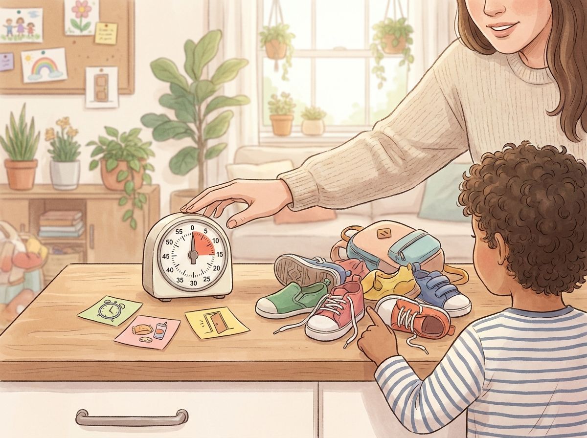 A kitchen timer and a shoe pile become a "time plan" moment