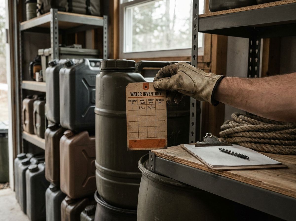 A single water inventory card taped near stored jugs