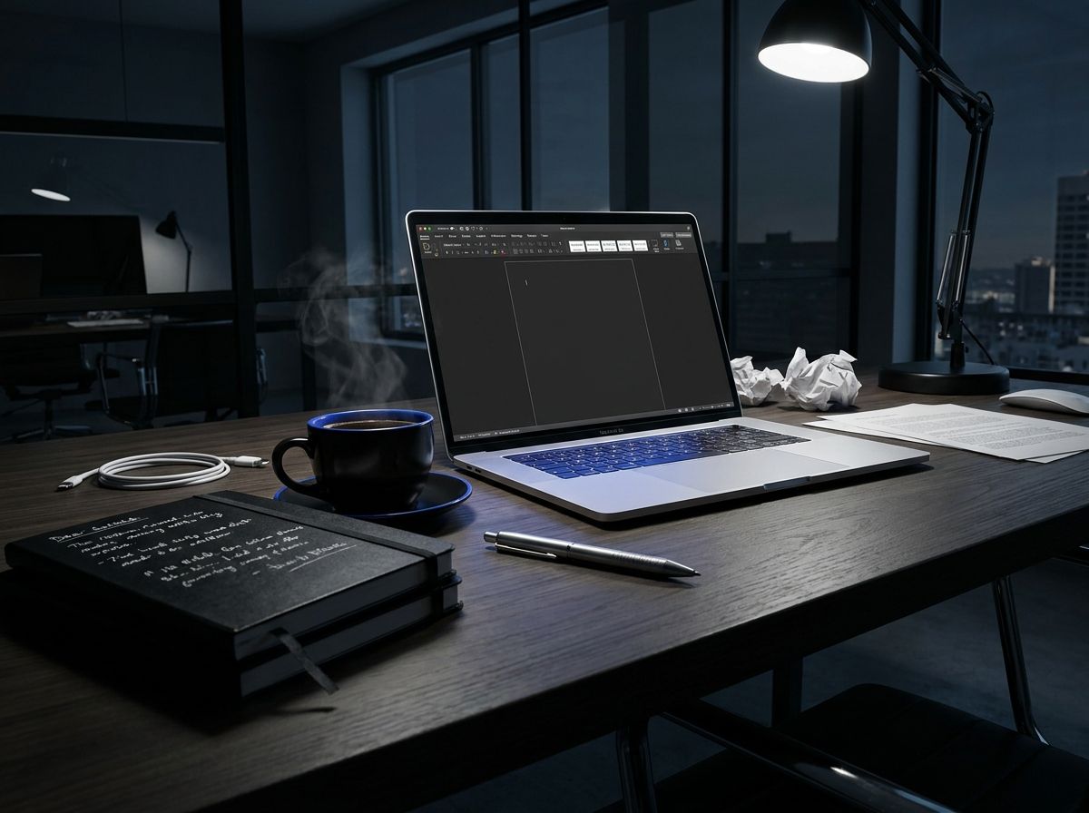 A cluttered desk with a steaming coffee cup, scattered notebooks, and a laptop open to a blank document.
