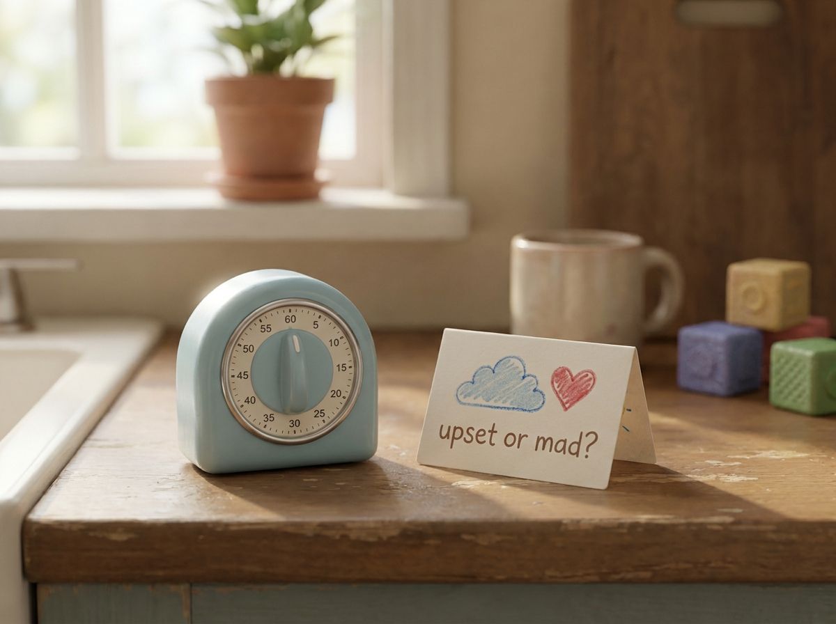 A small kitchen timer beside a notebook with the words "upset or mad?" scribbled on it