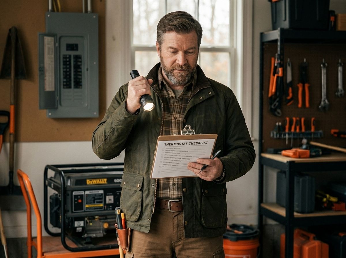 Sam Wills, using a flashlight and a thermostat checklist to plan backup power and heating options