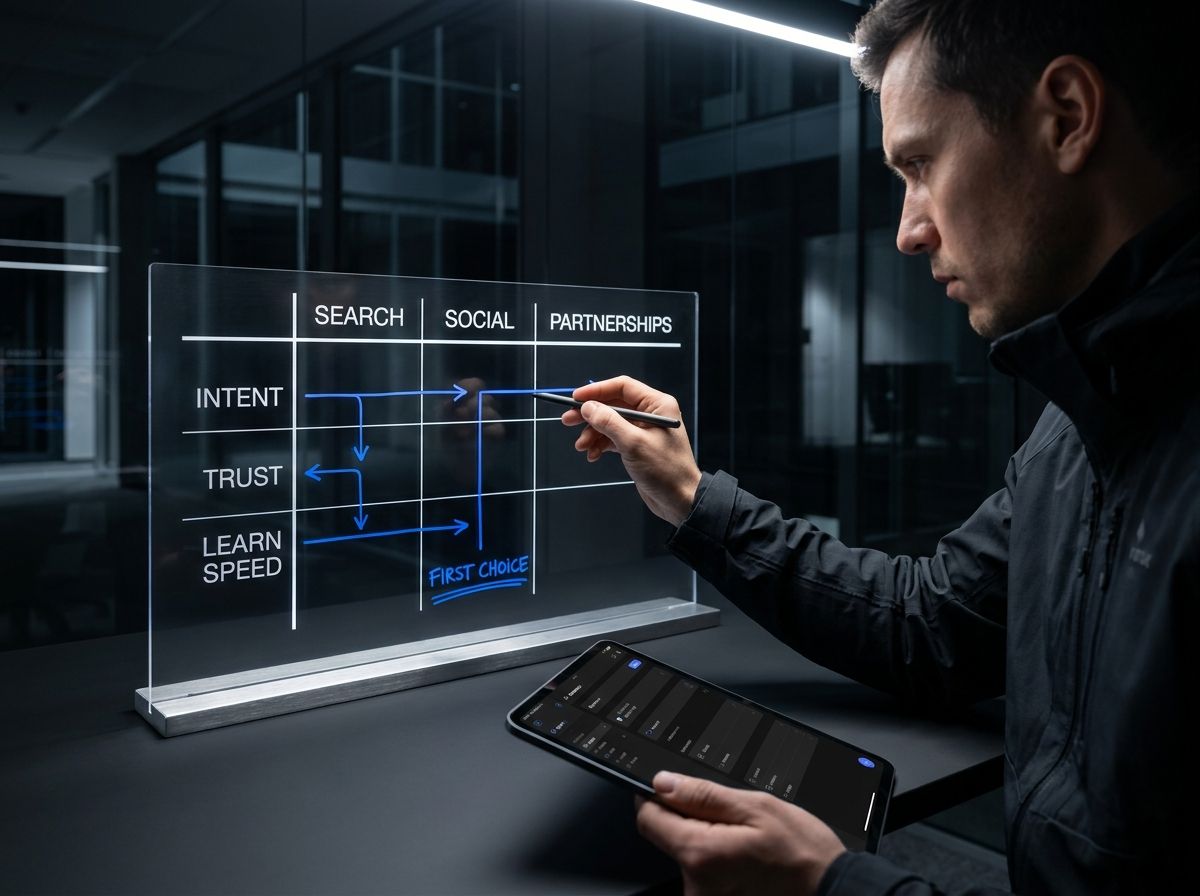 A channel decision whiteboard with three columns labeled search, social, and partnerships, plus a simple scorecard for intent, trust, and speed