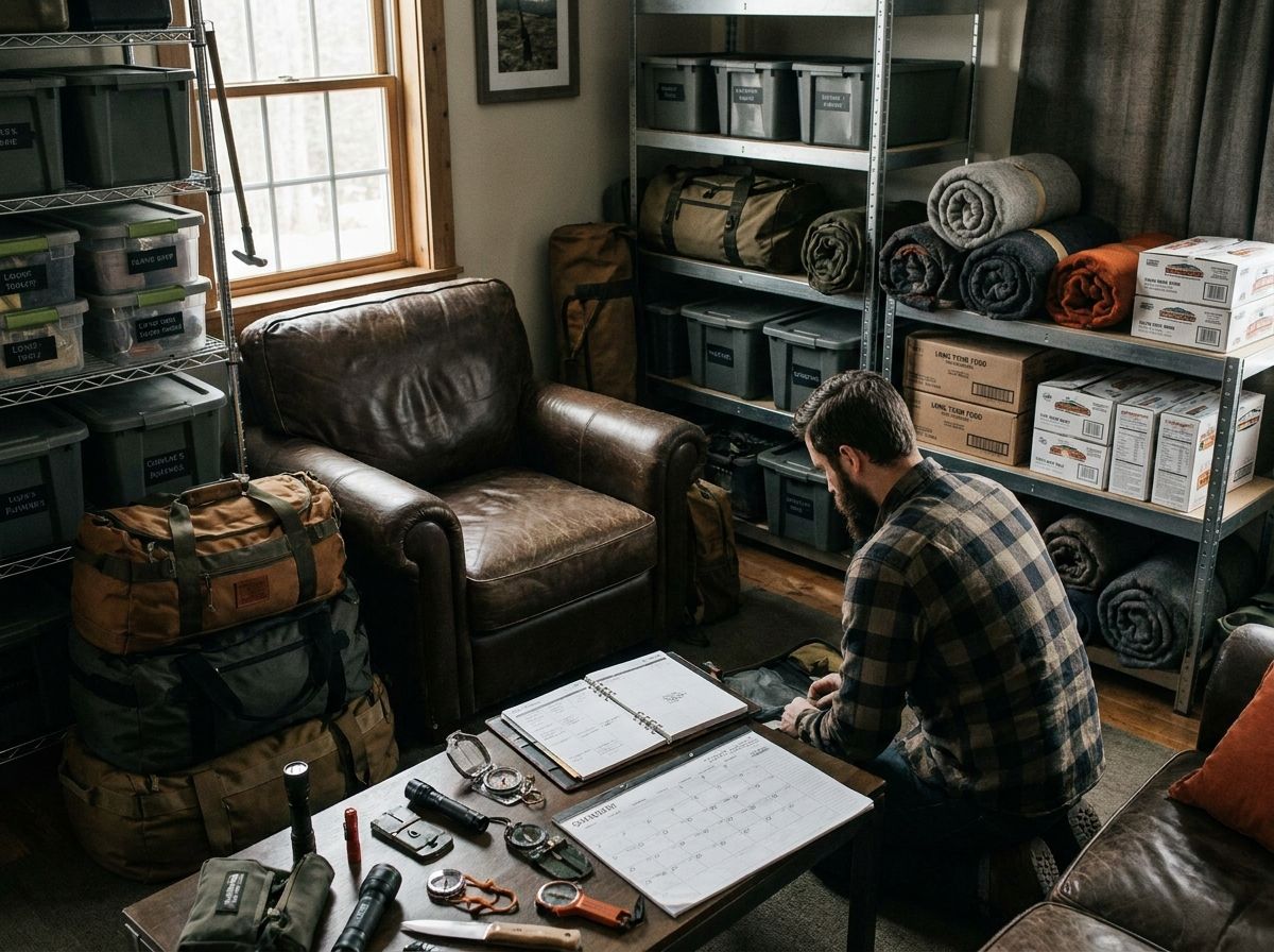 A cluttered living room filled with survival gear, including food supplies, blankets, and emergency equipment.