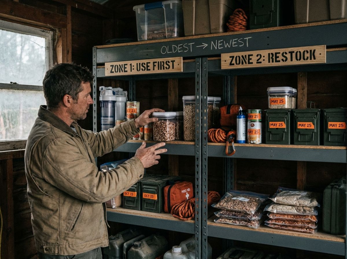 A labeled shelf with zones for oldest-to-newest items, built for quick FIFO decisions