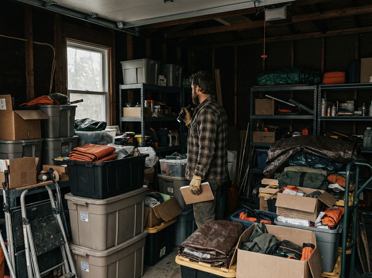 A dimly lit garage filled with stacked bins and boxes, highlighting the chaos of unorganized supplies.