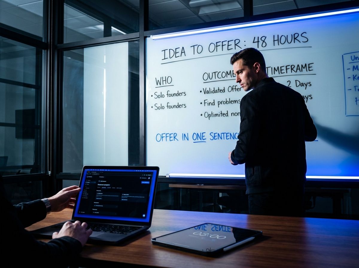 A timer and a whiteboard filled with "who, outcome, timeframe"