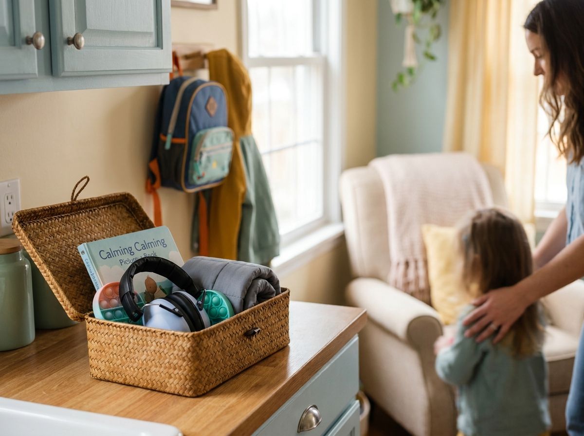 A small "reset kit" sits on a kitchen counter with a timer, headphones, a sensory toy, and a snack.