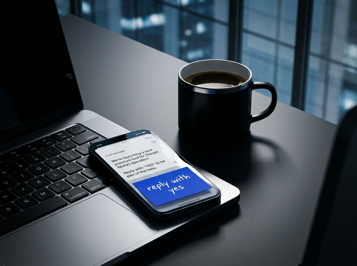 A phone screen with a draft promise message, a sticky note reading "reply with yes," and a coffee mug beside a laptop keyboard. This is the moment you stop building and start asking for intent.