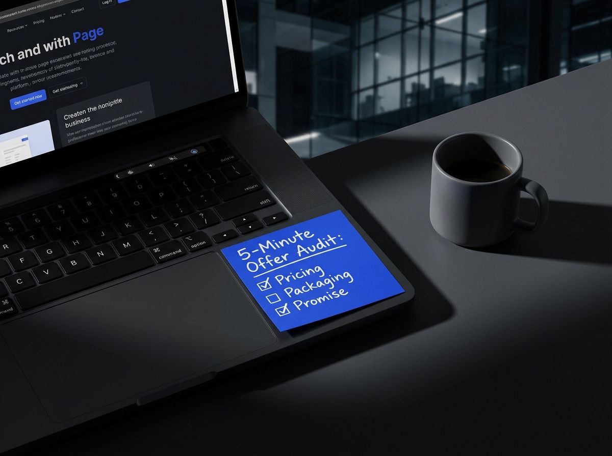 A sticky note checklist on a laptop next to a coffee cup, representing the 5-minute offer audit you run on your own page