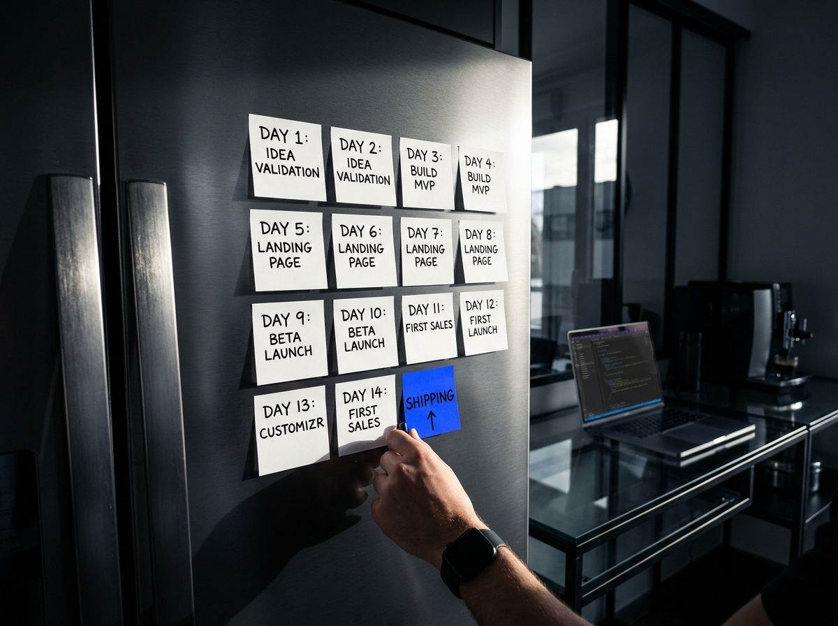A sticky note calendar on a kitchen fridge with 14-day sprint blocks