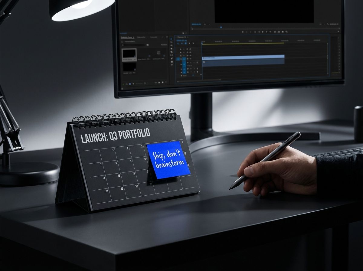 A printed calendar on a kitchen table with a sticky note that says "Ship, don't brainstorm"