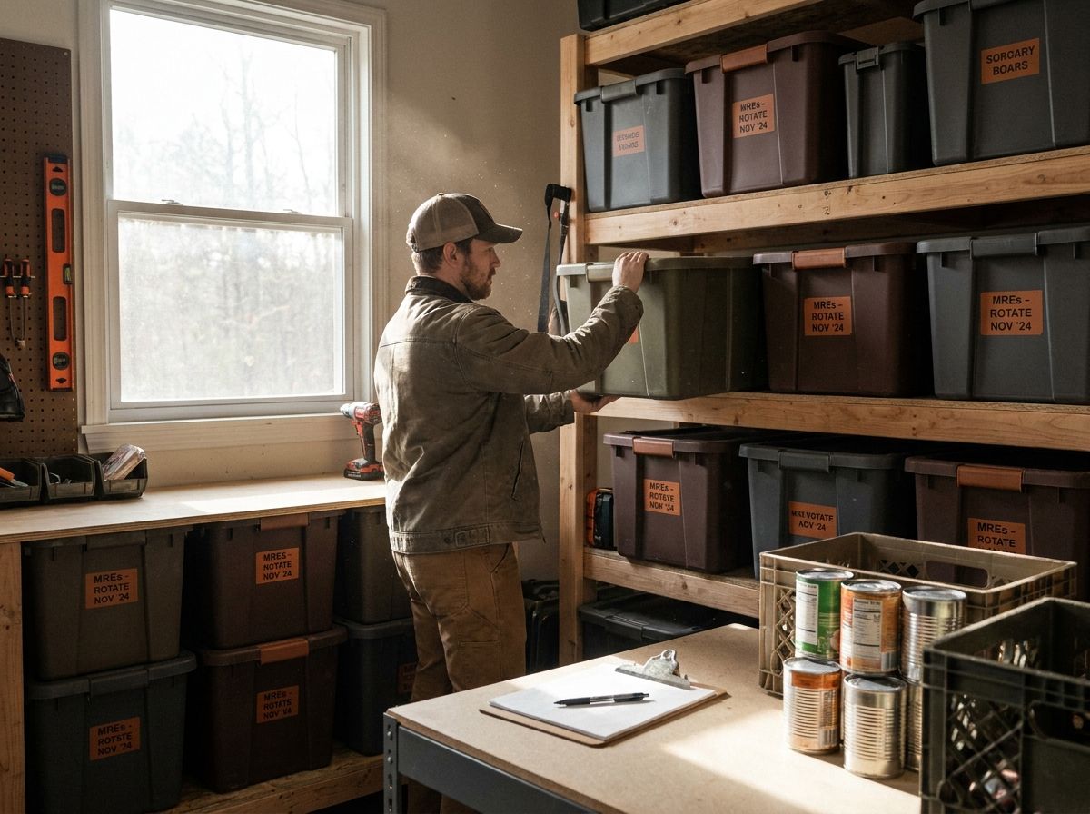A garage filled with neatly organized bins, sunlight illuminating dust particles in the air.