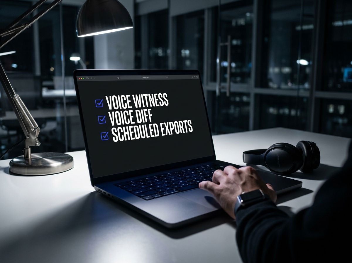 A laptop showing a checklist labeled voice witness, voice diff, and scheduled exports, representing how you audit consistency across brands