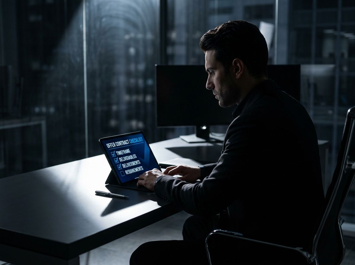 A laptop screen showing a one-page offer contract and a checklist labeled "timeframe, deliverables, requirements"