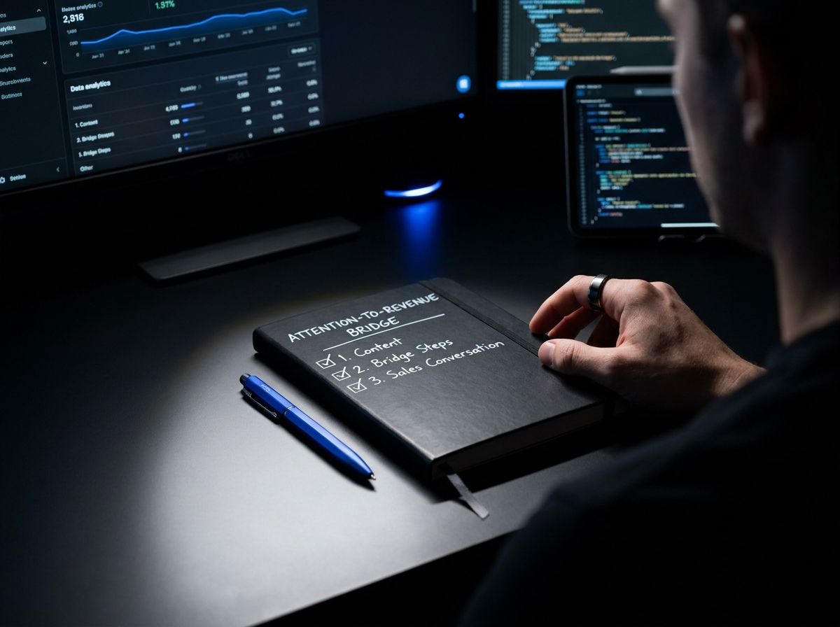 A notebook with a simple content-to-sales checklist next to a laptop showing a lead magnet opt-in page