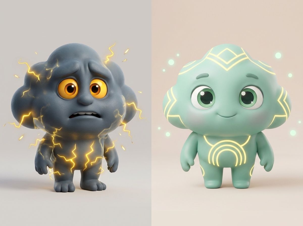 Zapz (Anxiety and Panic Gloom) and Zennu (Spark of Calm Awareness) side by side