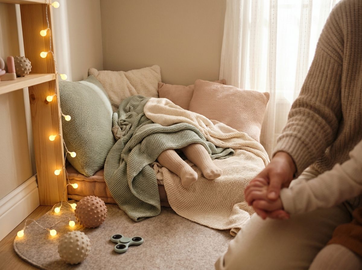 A cozy, calm corner filled with soft cushions and calming lights